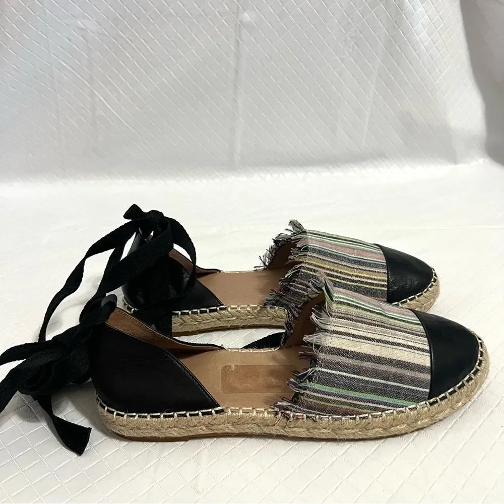Caslon Lace Up Espadrille Striped Canvas Black Leather Capped Toe Flats Size 7.5